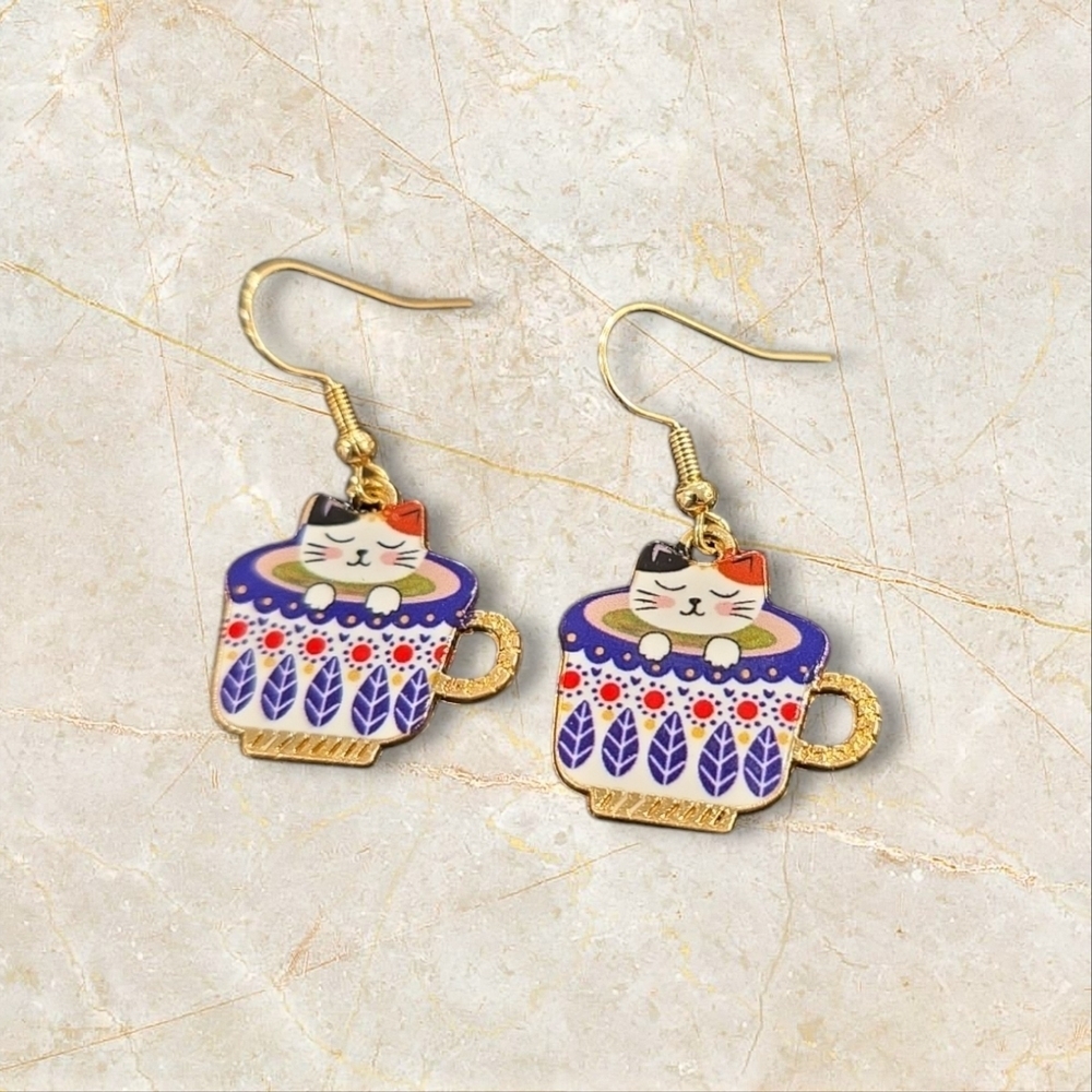 Cute Cat in Cup Earrings